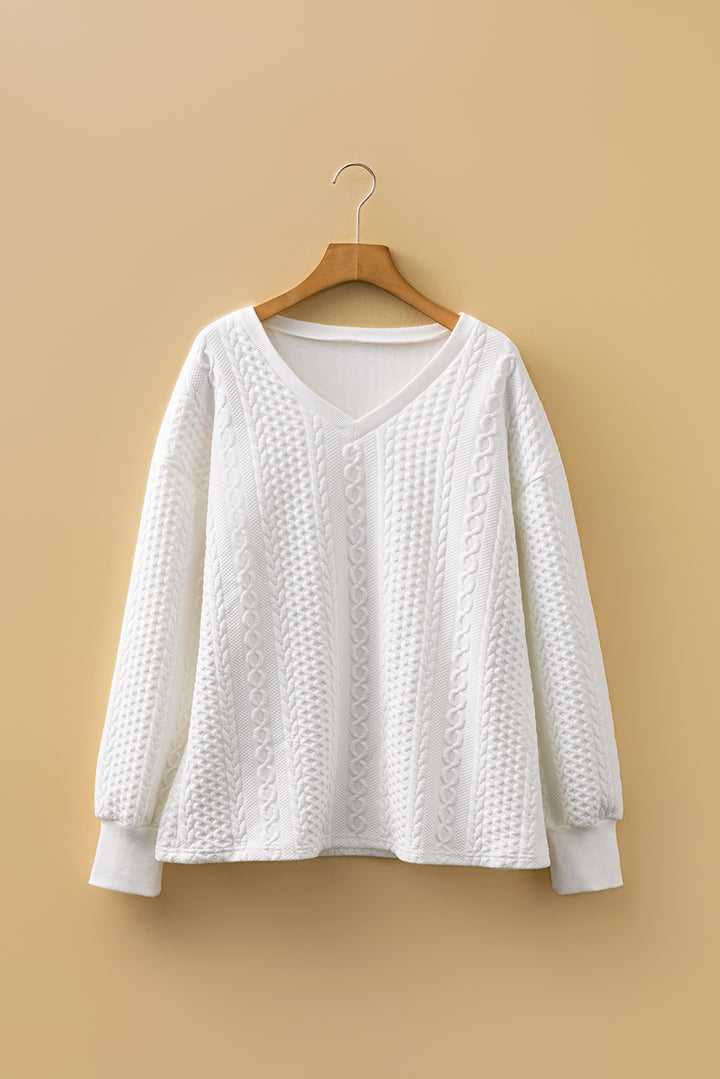 White Solid Color Textured V Neck Drop Shoulder Knit Top