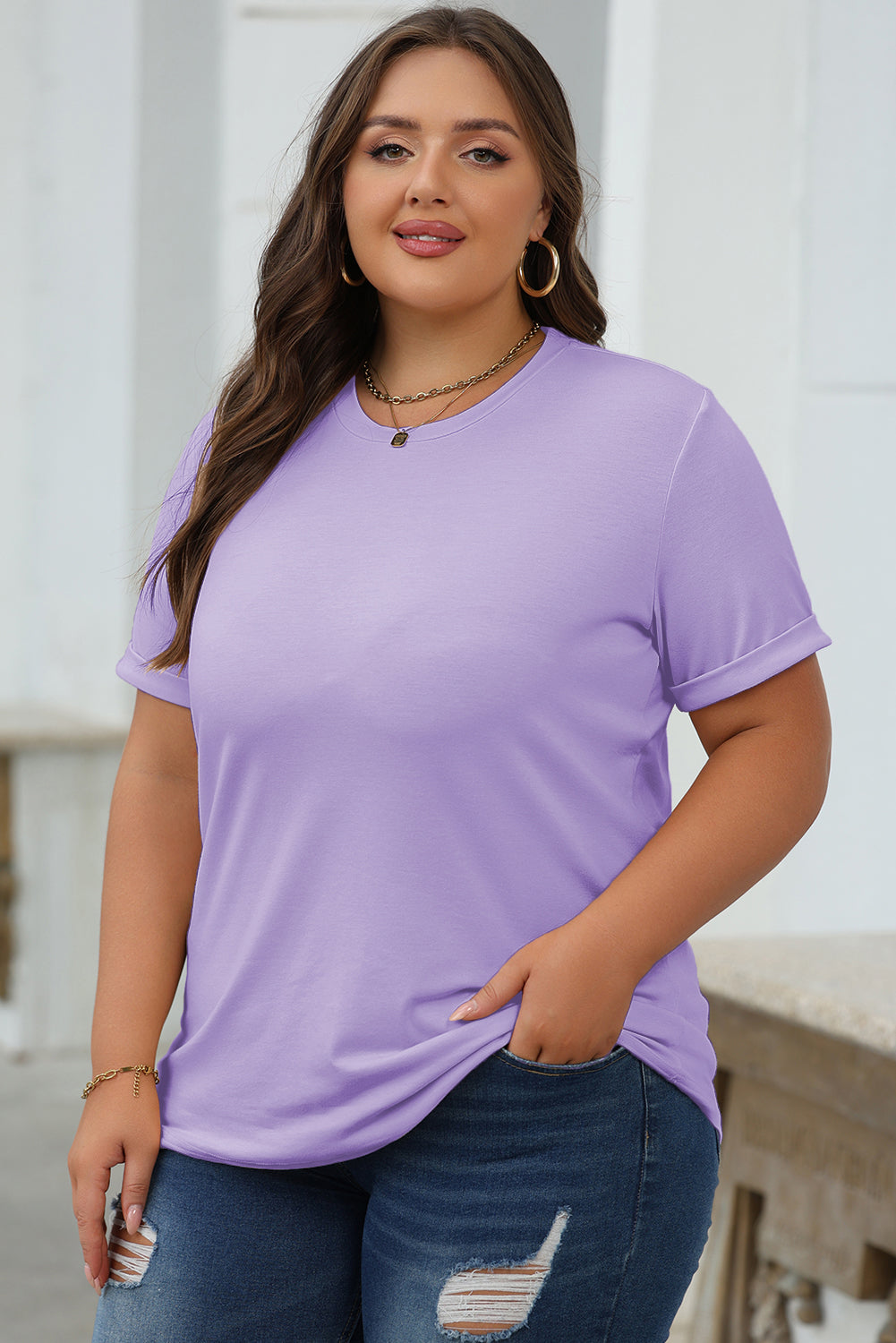 Wisteria Casual Plain Crew Neck Tee