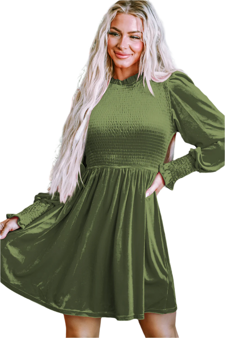 Moss Green Frilled Neck Smocked Bodice Velvet Dress