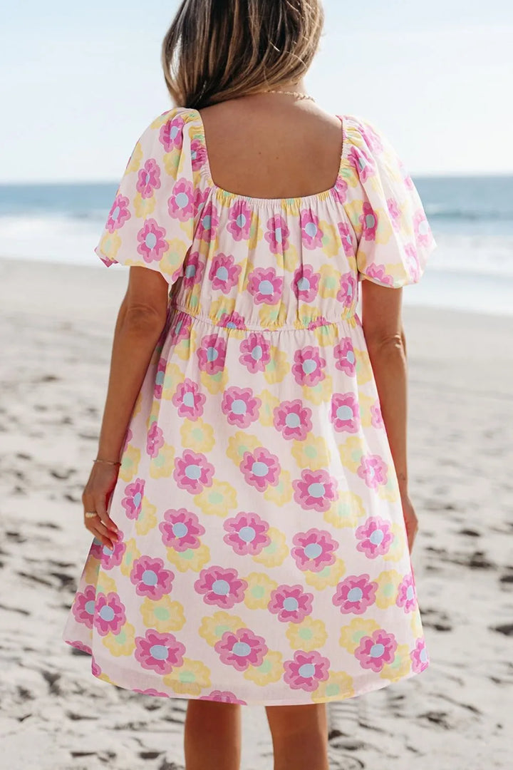 Floral Square Neck Puff Sleeve Pleated Flared Midi Dress