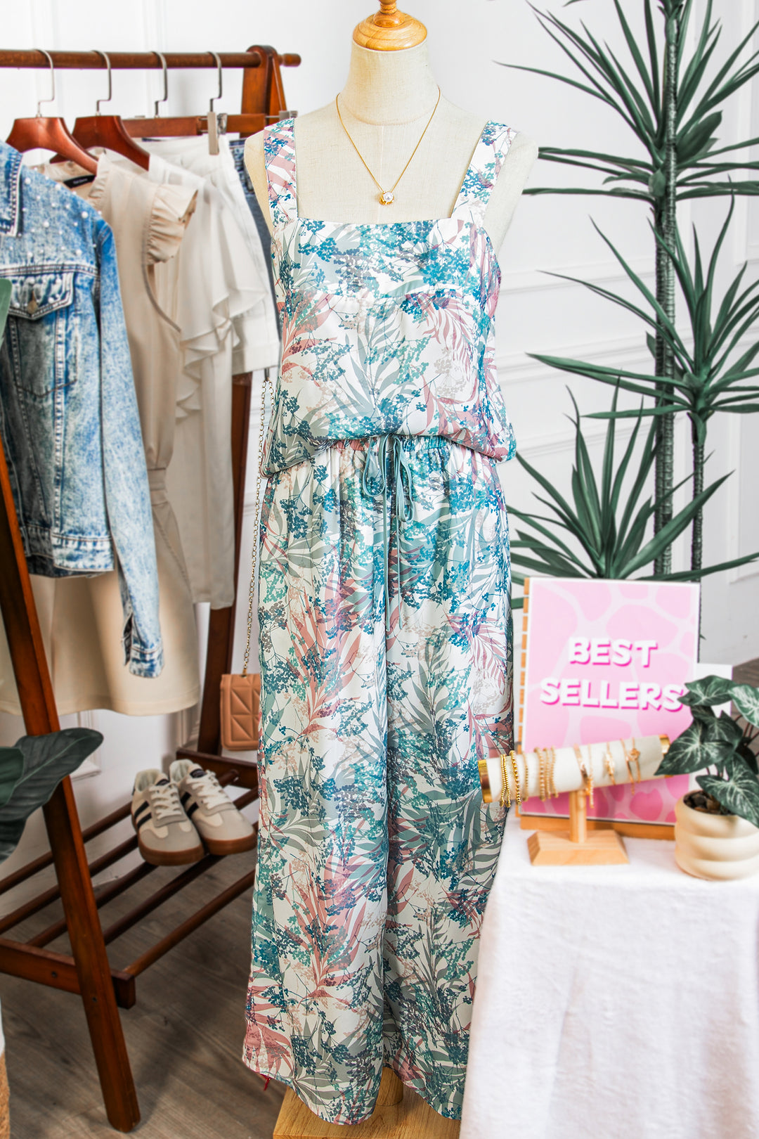 Green Tropical Palm Printed Cropped Tank Drawstring Wide Leg Pant Set