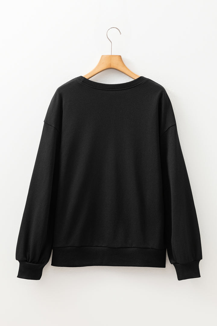 Black Rhinestone Embellished Drop Shoulder Ribbed Cuffs Wholesale Sweatshirt