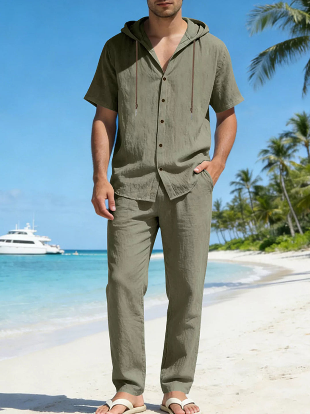Men's Full Size Button Up Hooded Top and Pants Set Plus Size