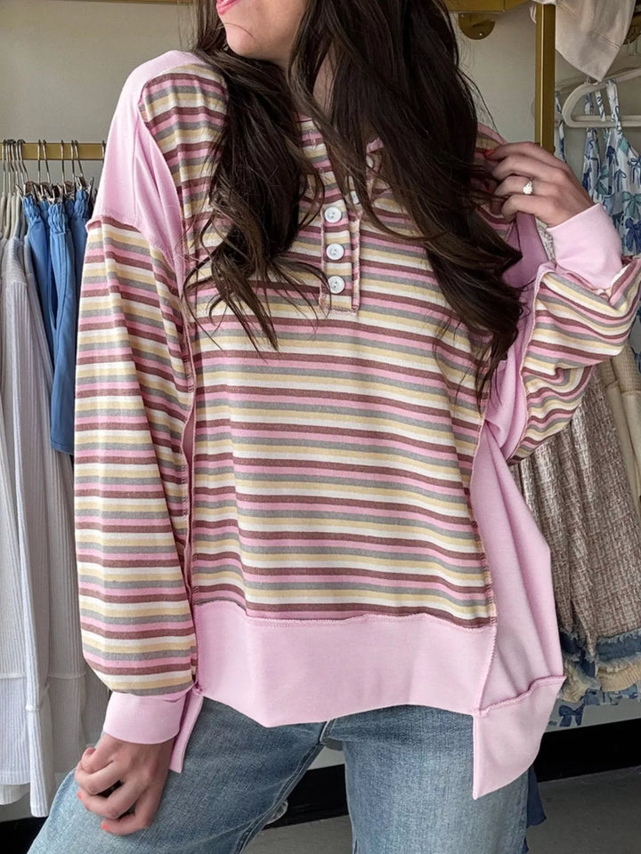 Exposed Seam Color Block Striped Patchwork Loose Henley Sweatshirt
