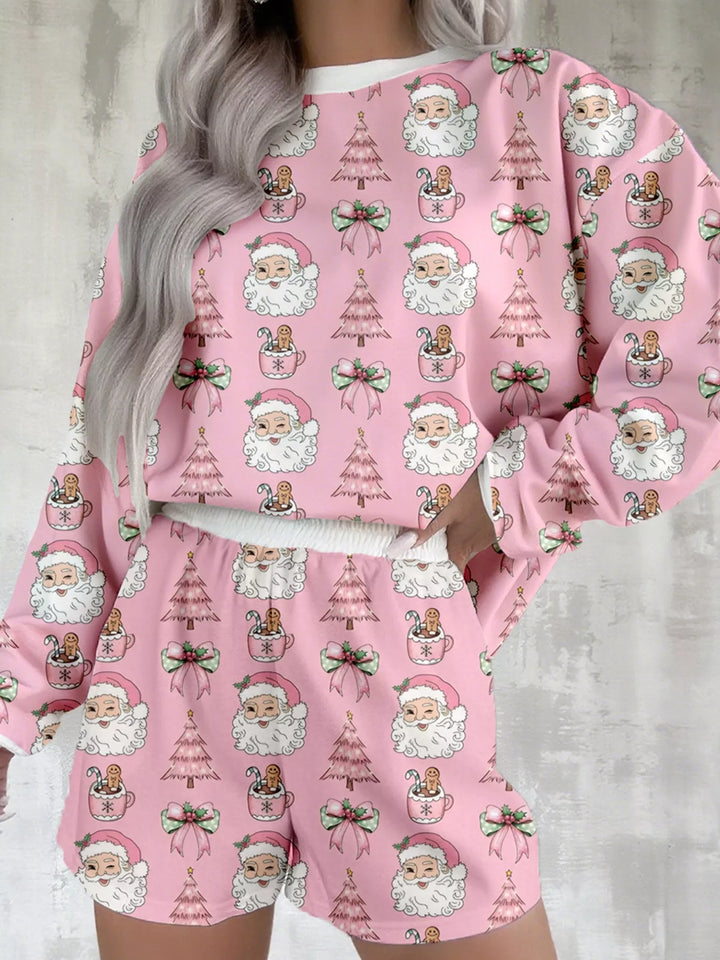 Christmas Santa Print Round Neck Top and Shorts Lounge Set