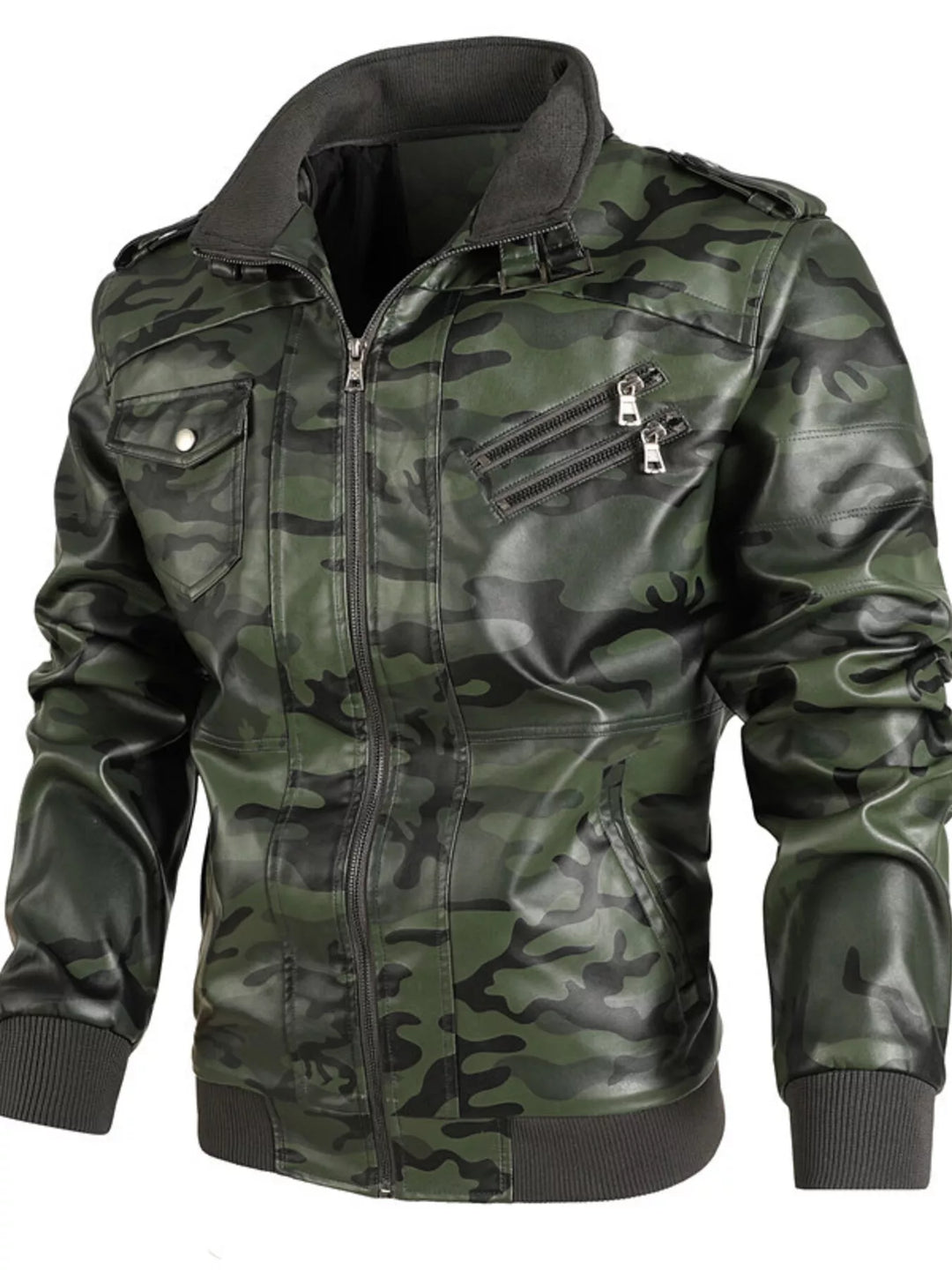 Men's Full Size Zip Up Camouflage Faux Leather Jacket Plus Size