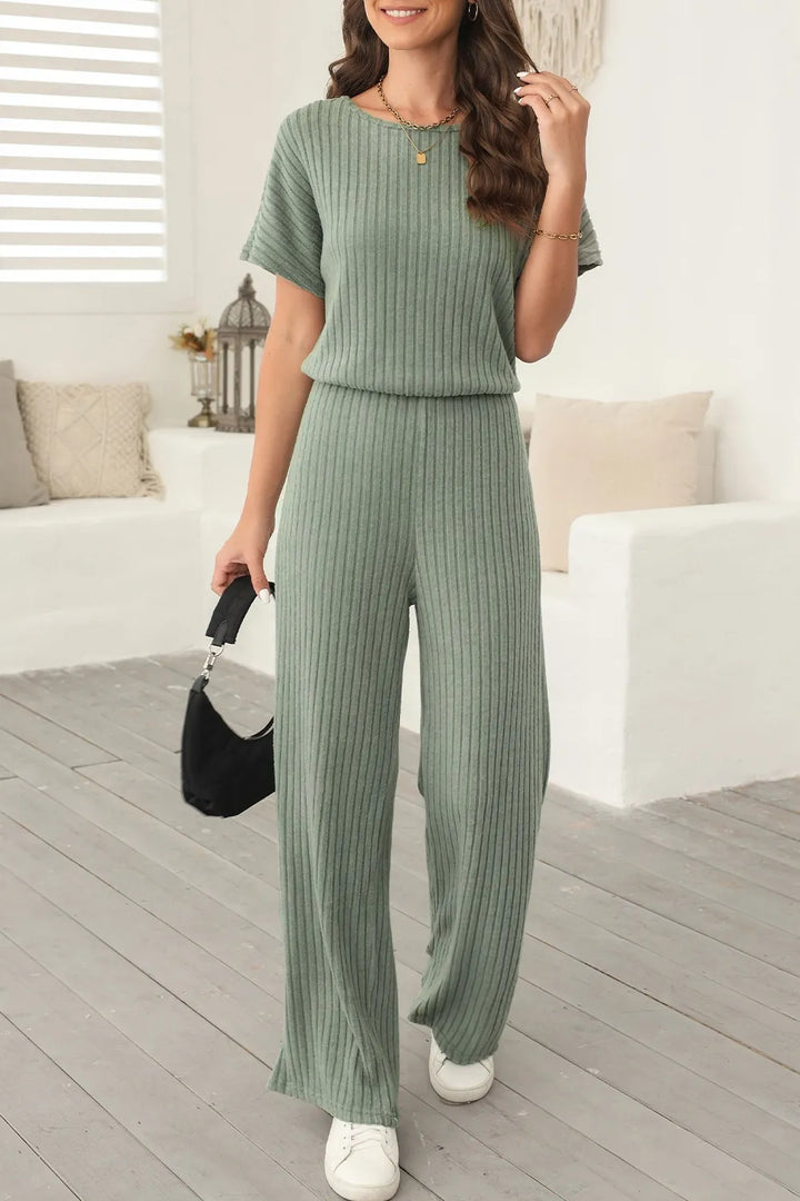 Ribbed Short Sleeve Wide Leg Jumpsuit