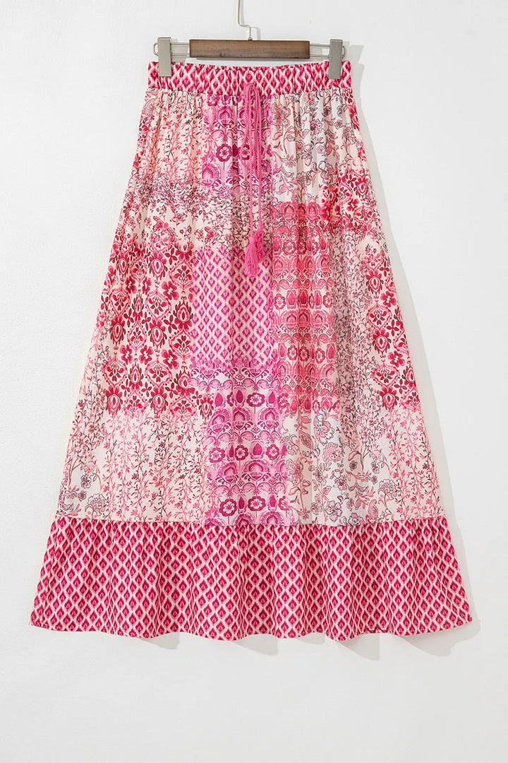 Printed Tassel Drawstring High Waist Maxi Skirt
