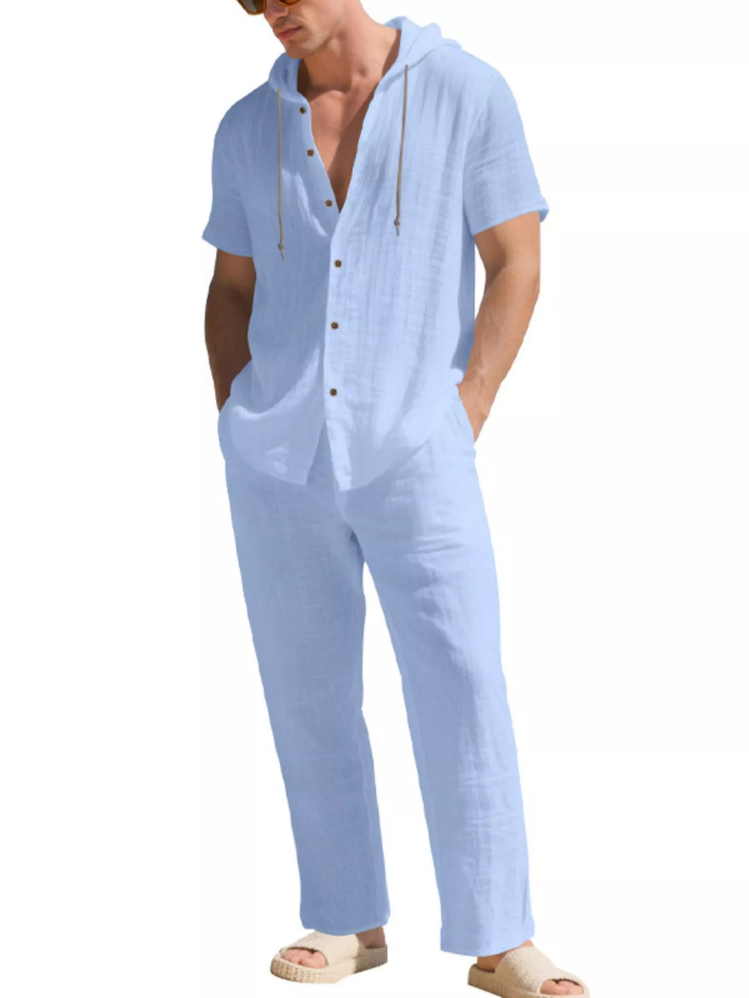 Men's Full Size Button Up Hooded Top and Pants Set Plus Size