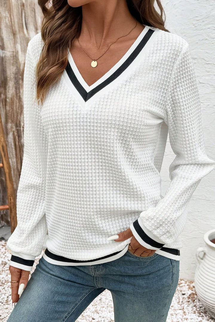 White Textured Knit Preppy Striped Trim V Neck Pullover Waffle Top