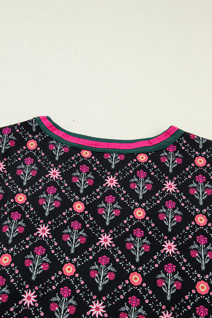 Black Contrast V Neckline Bracelet Sleeve Vintage Floral Blouse