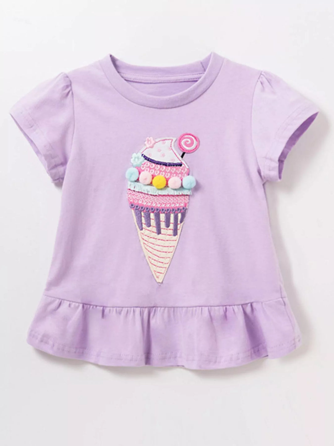 Children's Cute Ice Cream Applique Ruffle Hem T-Shirt