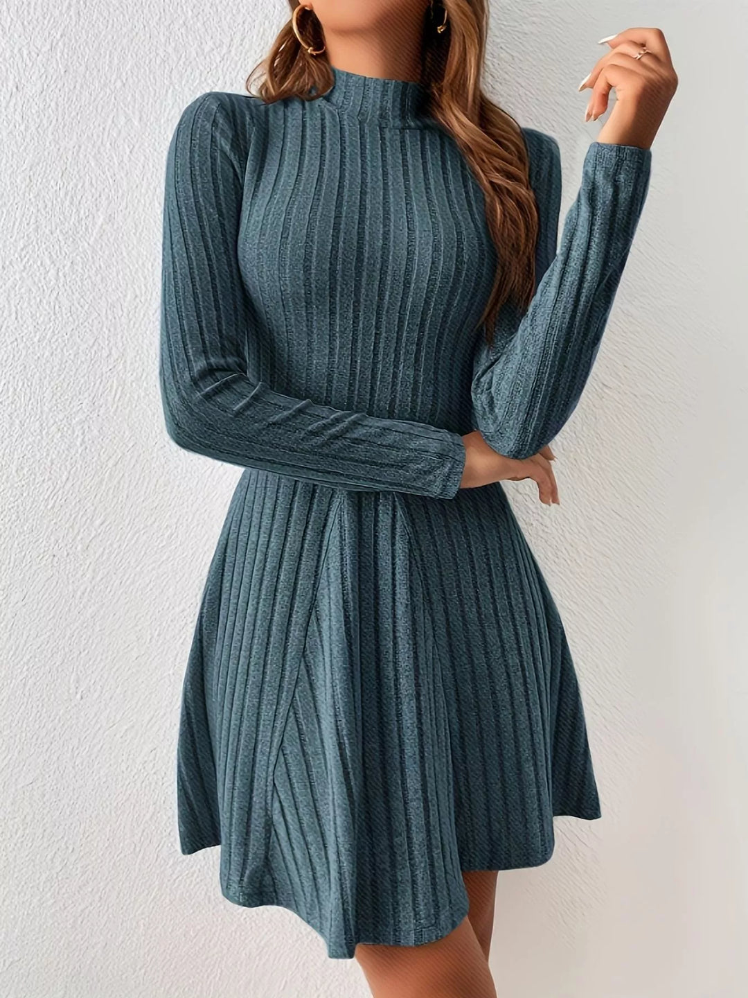 Ribbed Knit Mock Neck Long Sleeve Dress