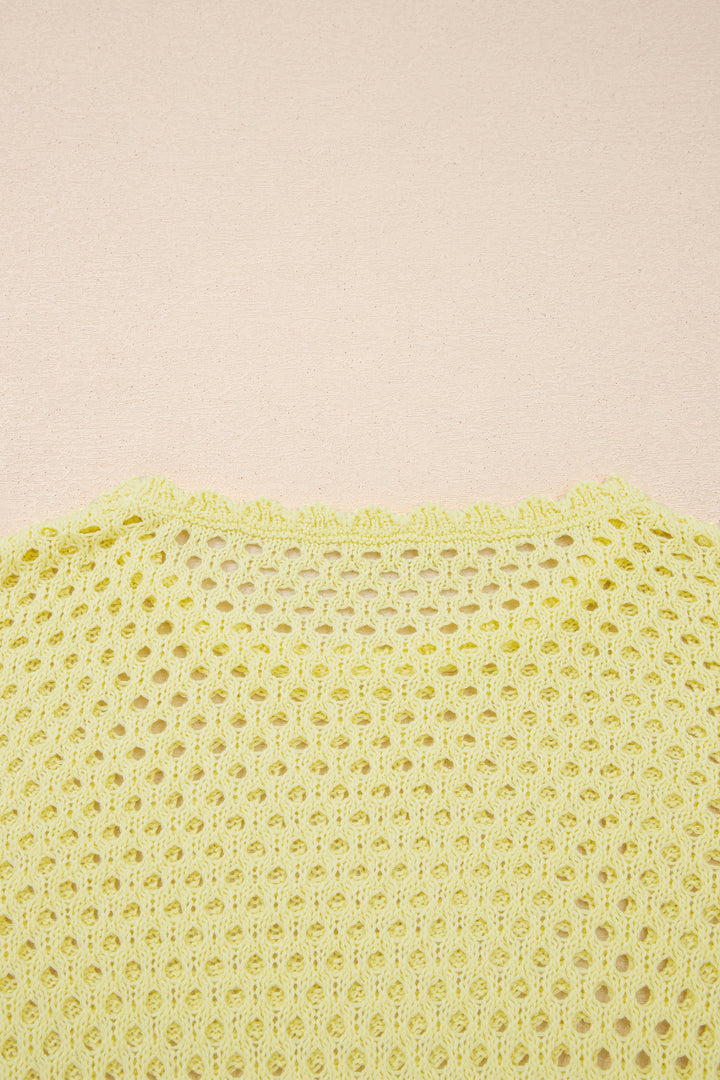 Yellow Cream Scalloped Trim Hollow Out Knit Long Sleeve Top