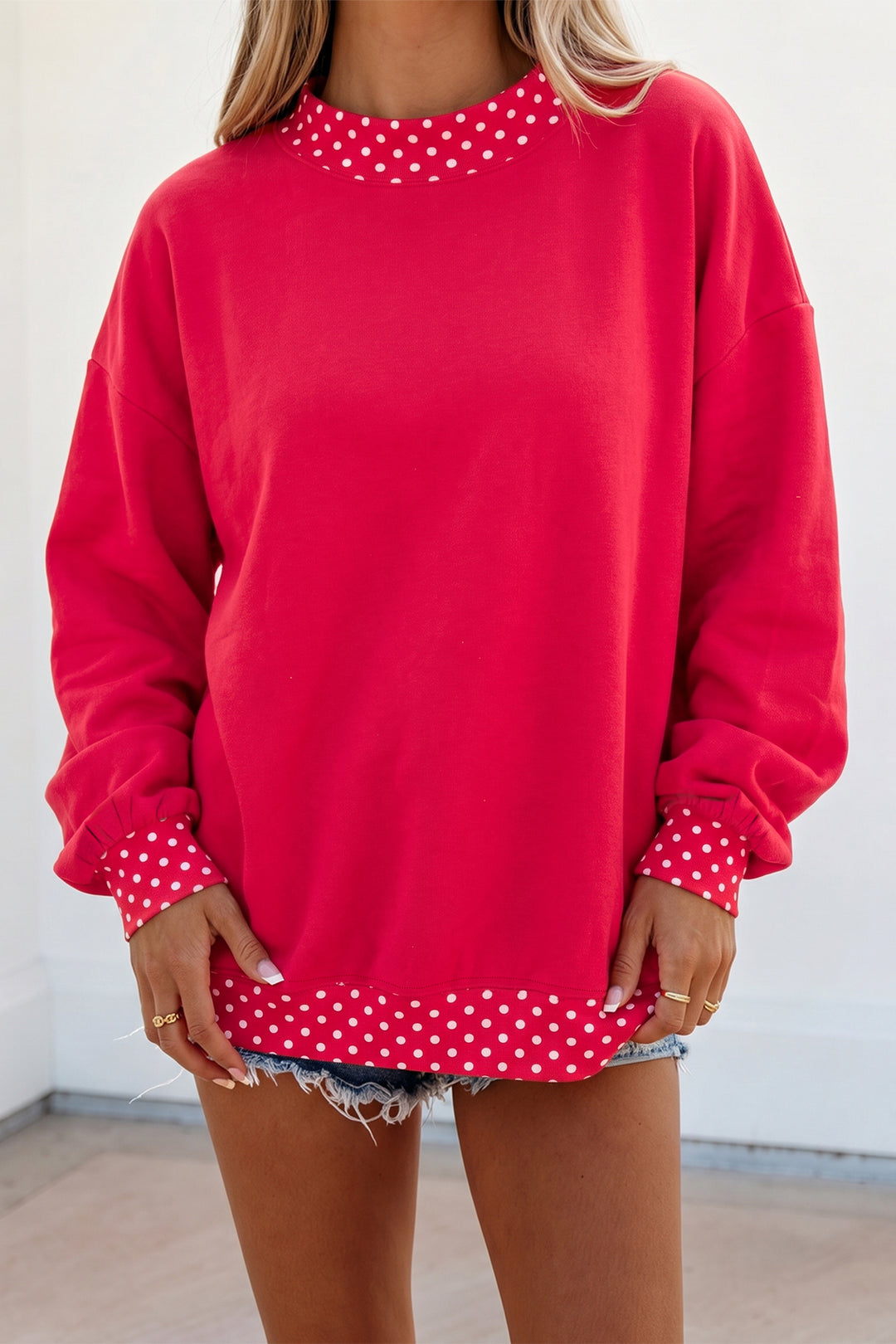 Brown Colorblock Polka Dot Contrast Trim Oversized Sweatshirt