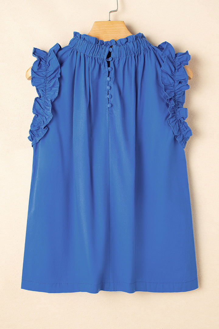 Sky Blue Frilled Neck Ruffled Armholes Buttoned Back Tank Top