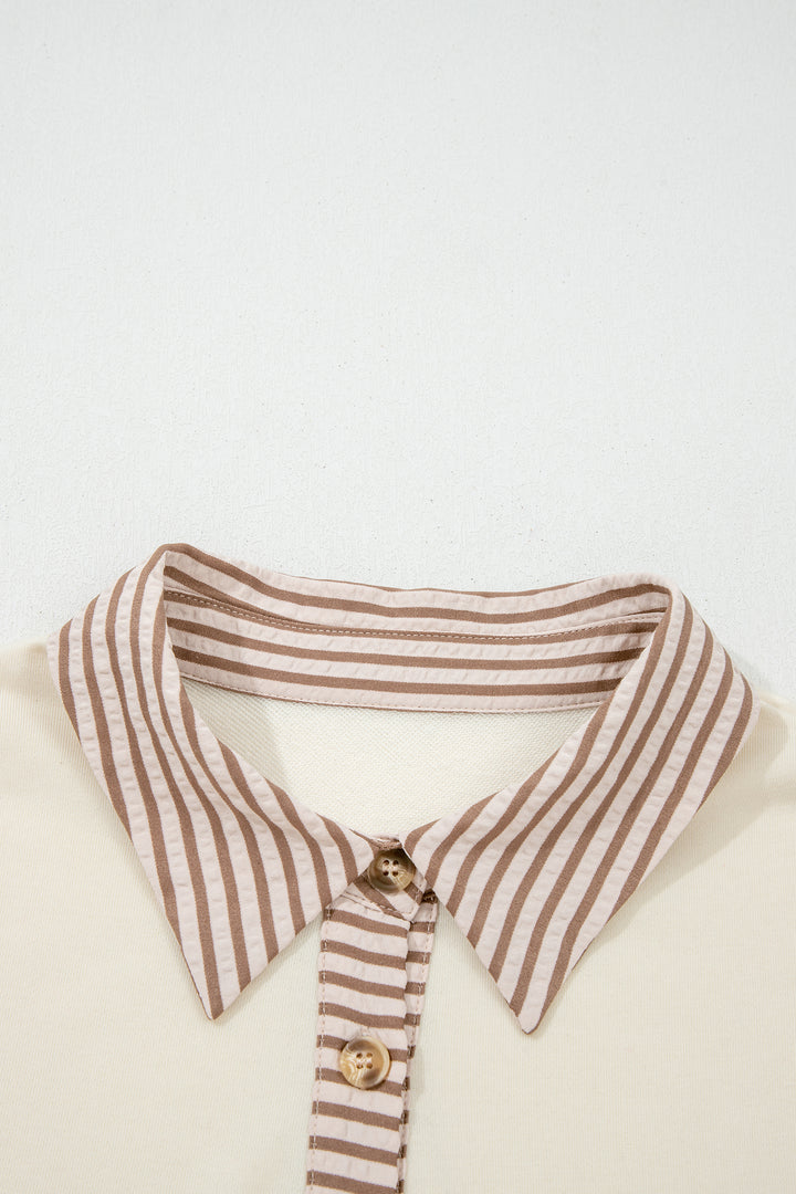 Khaki Stripe Plus Size Color Block Patchwork Half Button Long Sleeve Peplum Blouse