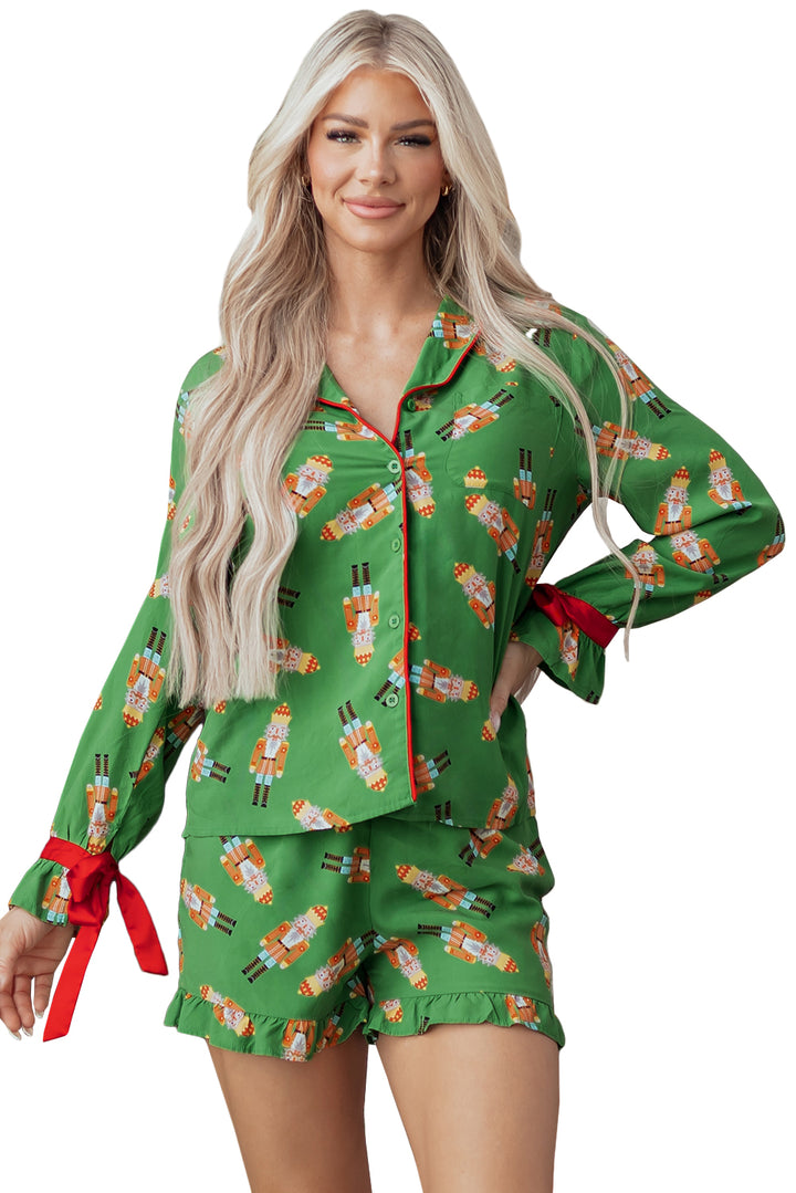 Green Christmas Candy Contrast Trim Bow Knot Silky 2pcs Pajama Set