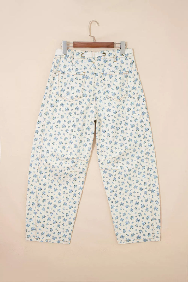 Grommet Knot Waist Floral Barrel Leg Jeans