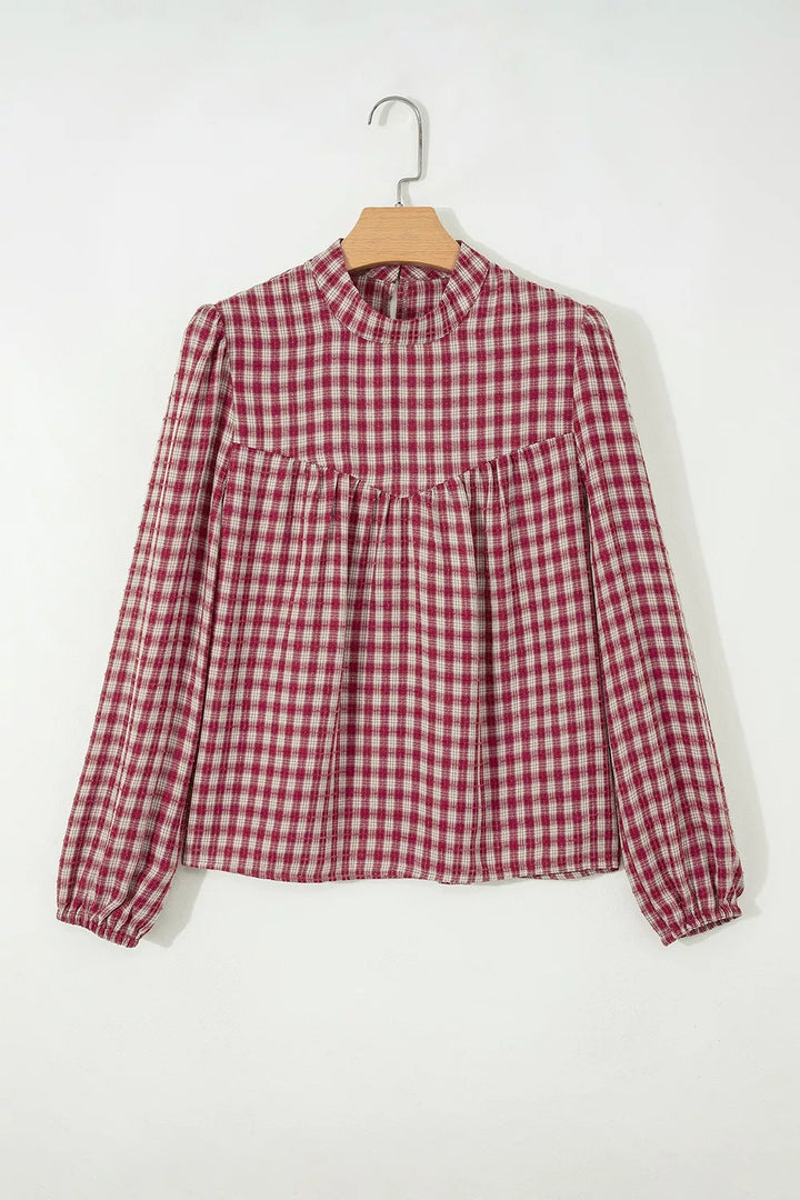 Country Plaid Long Sleeve Button Keyhole Pleated Loose Blouse