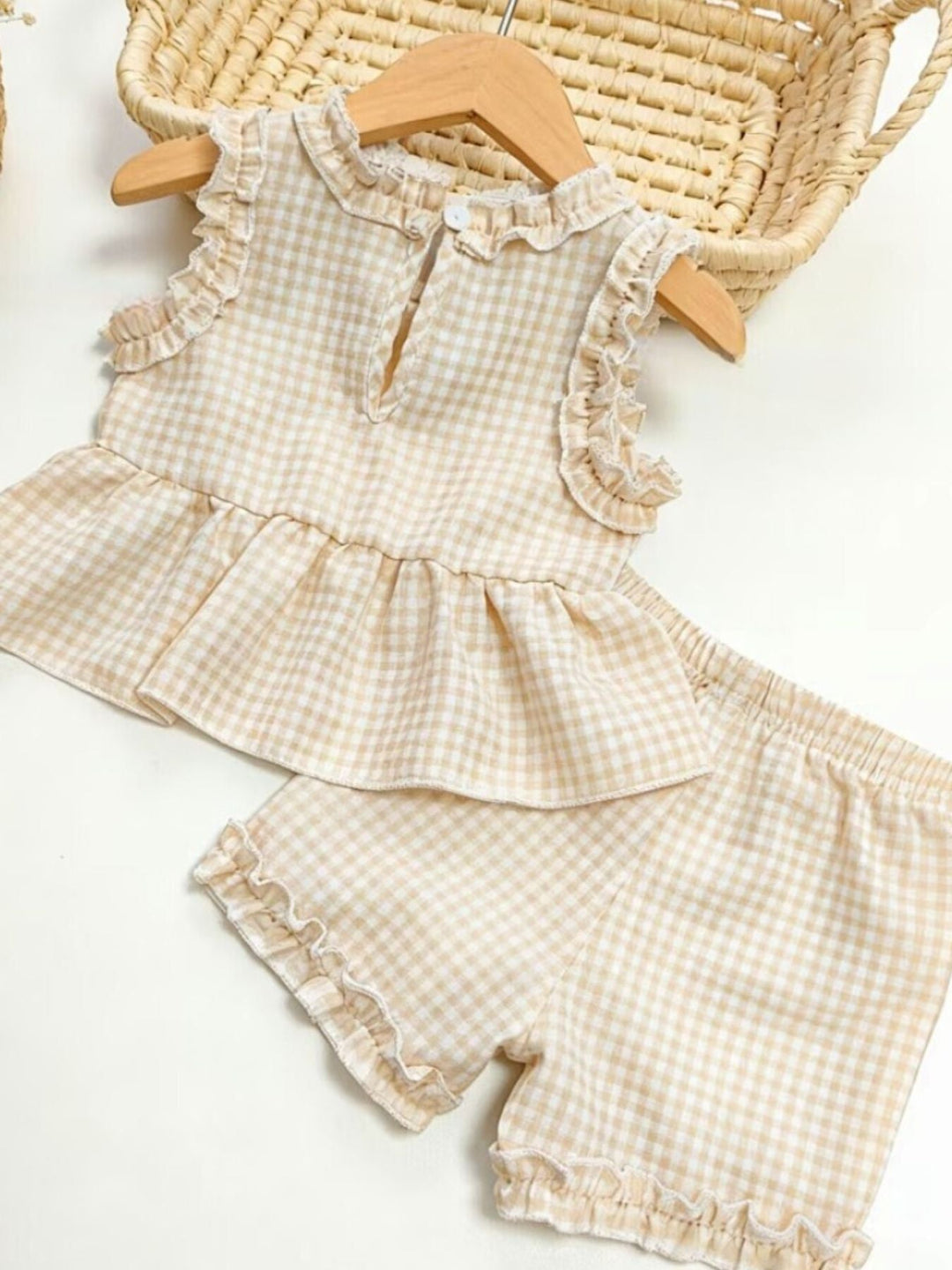 Children's Gingham Ruffle Trim Tank Top & Shorts Set