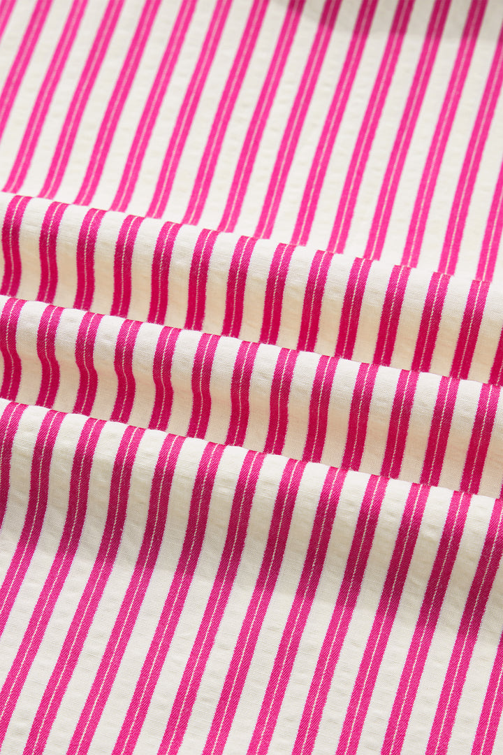 Rose Stripe Shirred Yoke Ruffled Short Sleeve Blouse