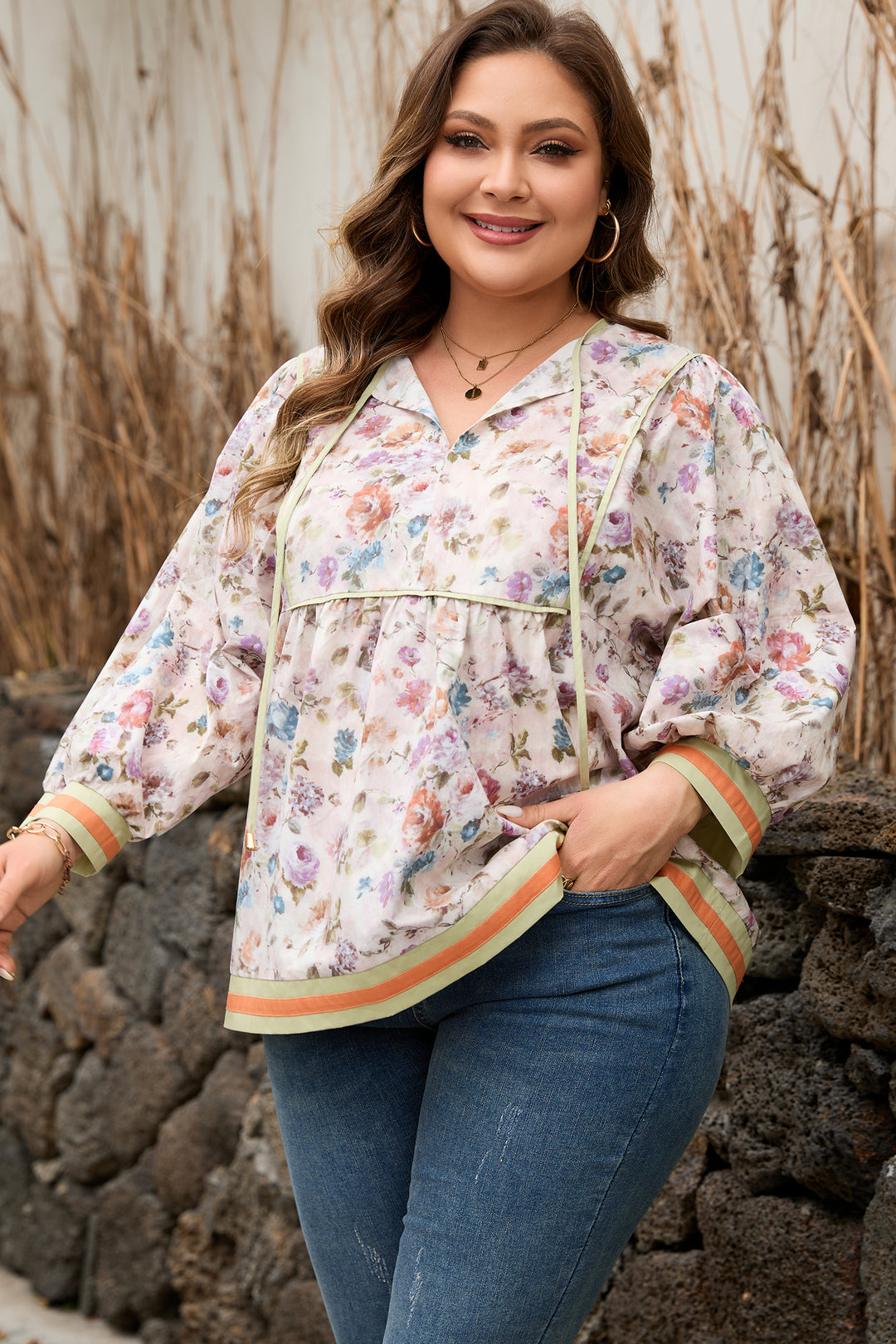 Black Plus Size Floral Print Contrast Trim Striped Detail Babydoll Blouse