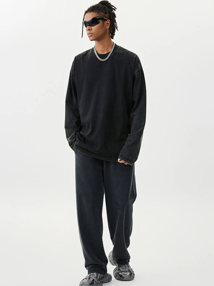 Men's Washed Round Neck Long Sleeve T-Shirt