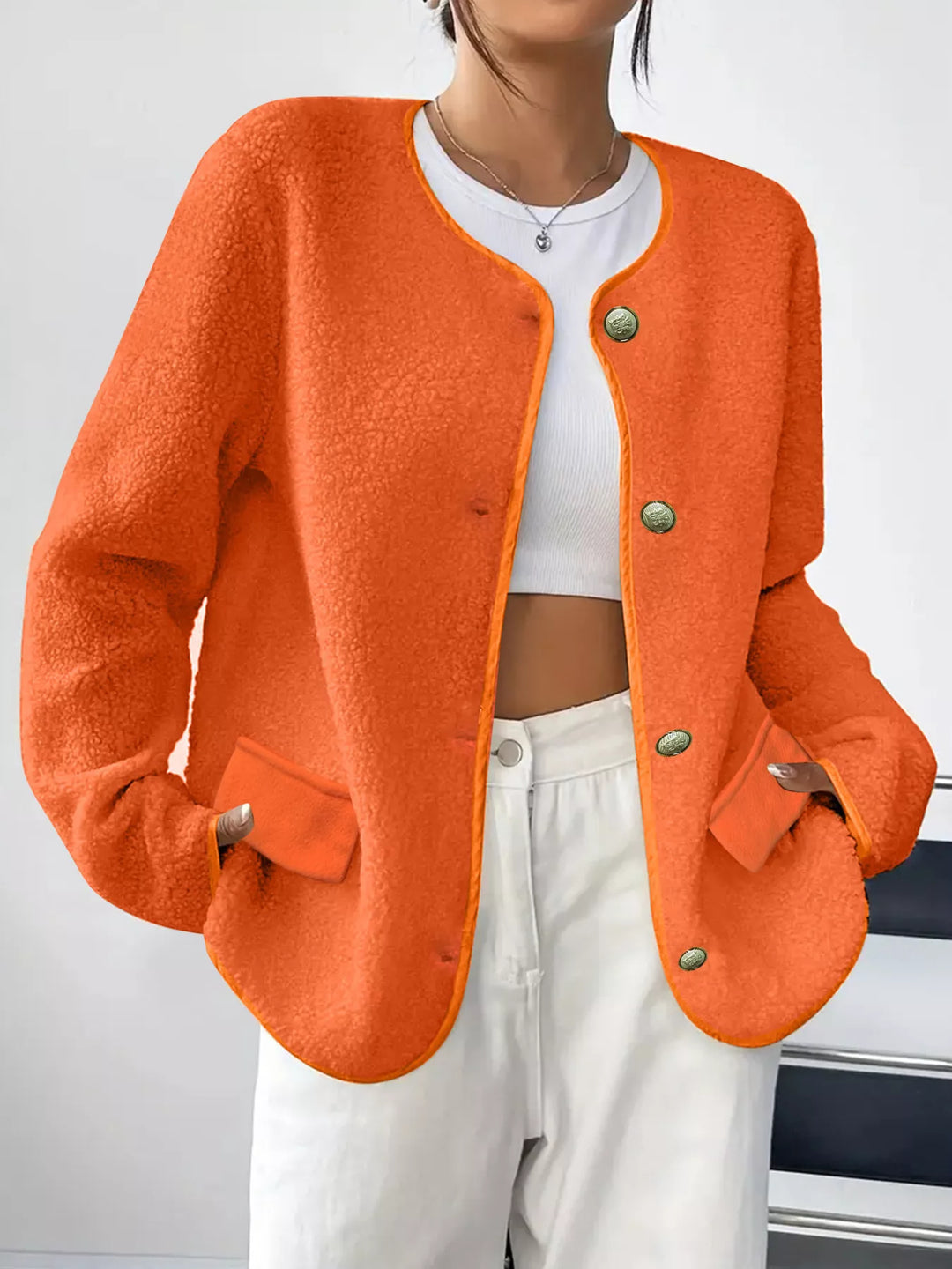 Full Size Textured Button-Up Fleece Outerwear Plus Size