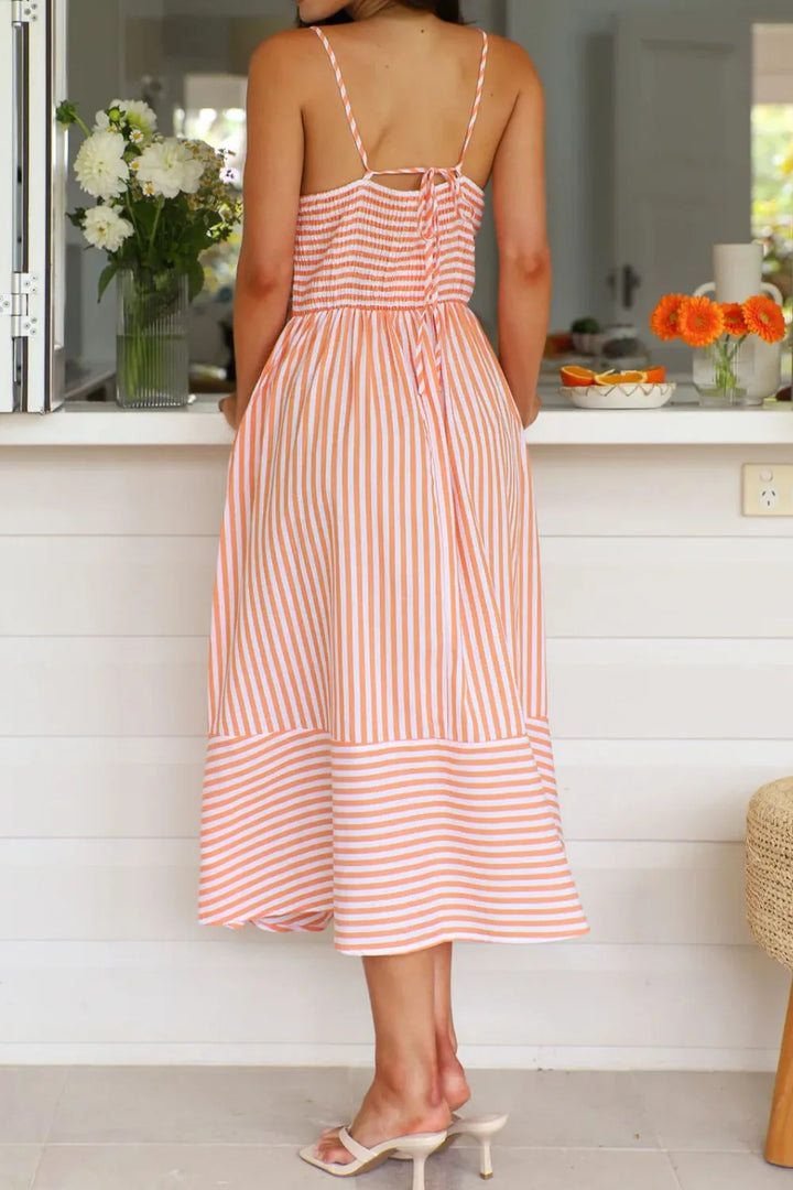 Smocked Back Striped Sleeveless Midi Dress
