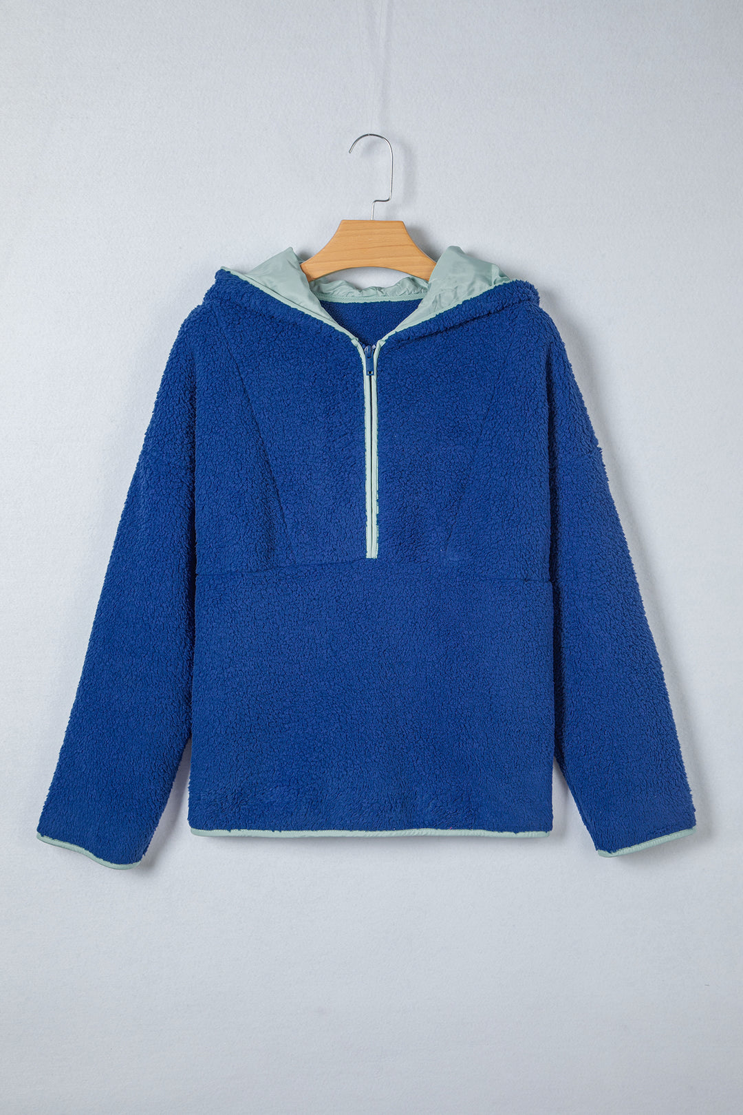 Sky Blue Sherpa Half Zip Contrast Trim Pullover Hoodie