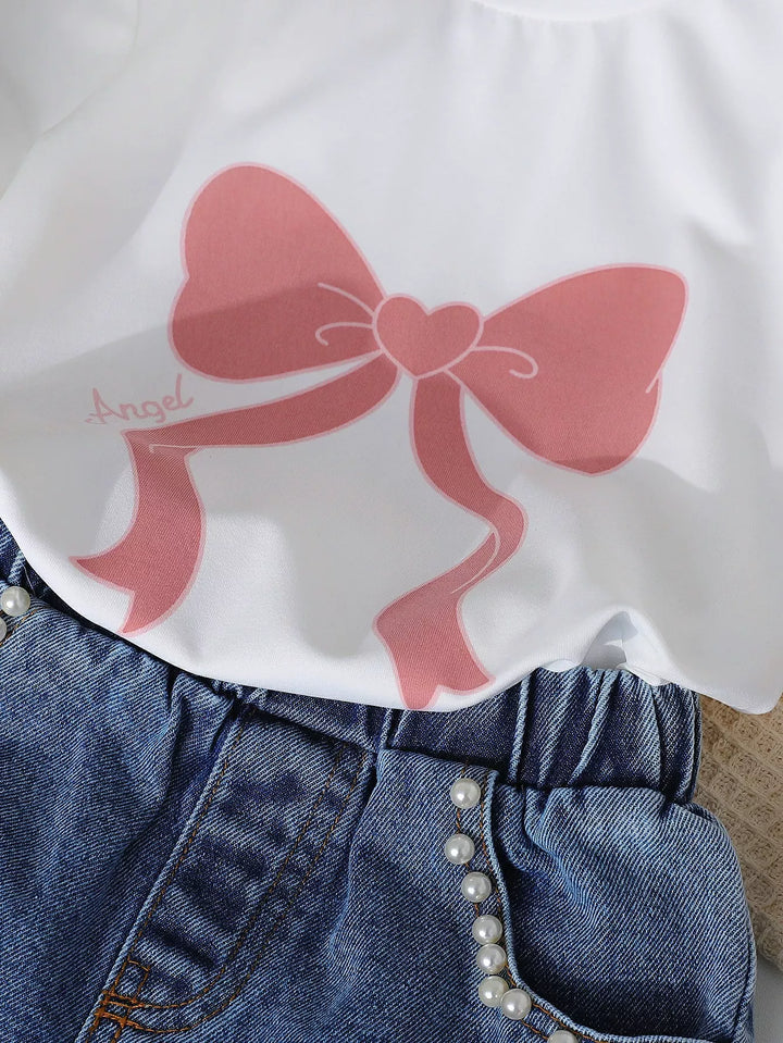 Children's Bowknot T-shirt and Denim Shorts Set