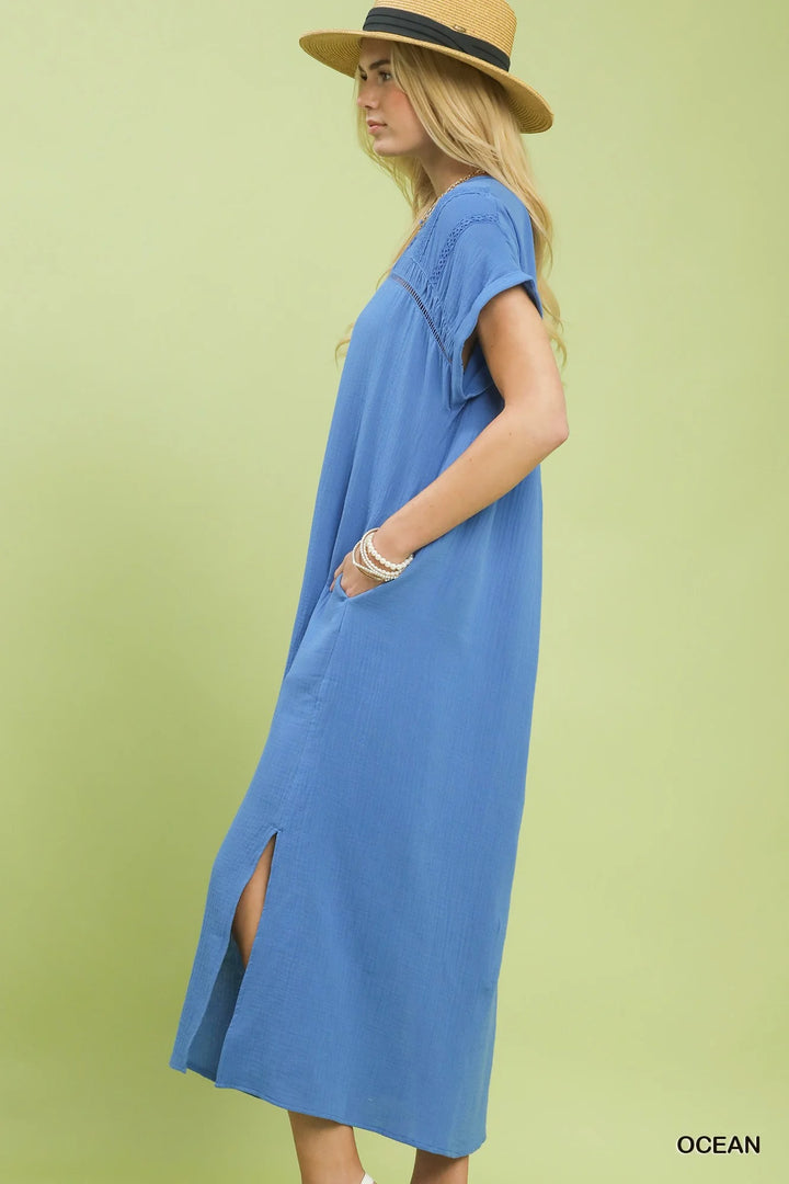 Umgee Button-Front Gauze Midi Dress with Lace Detail