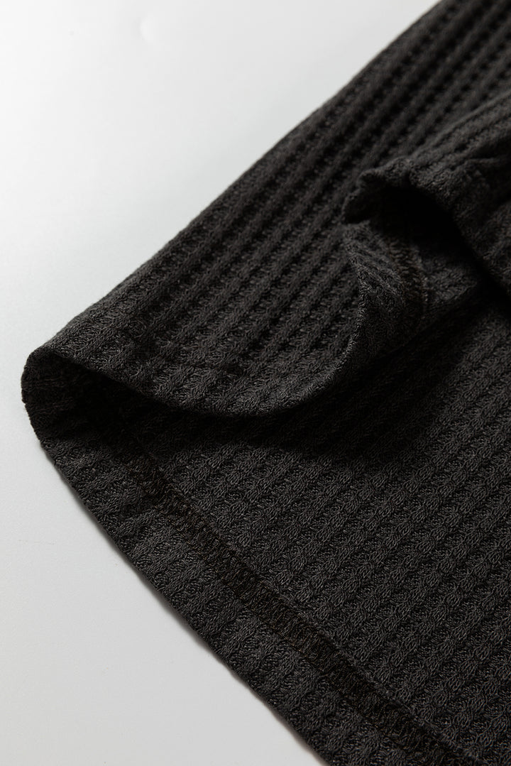 Carbon Grey Waffle Knit Patchwork Half Zipped Casual Sweatshirt