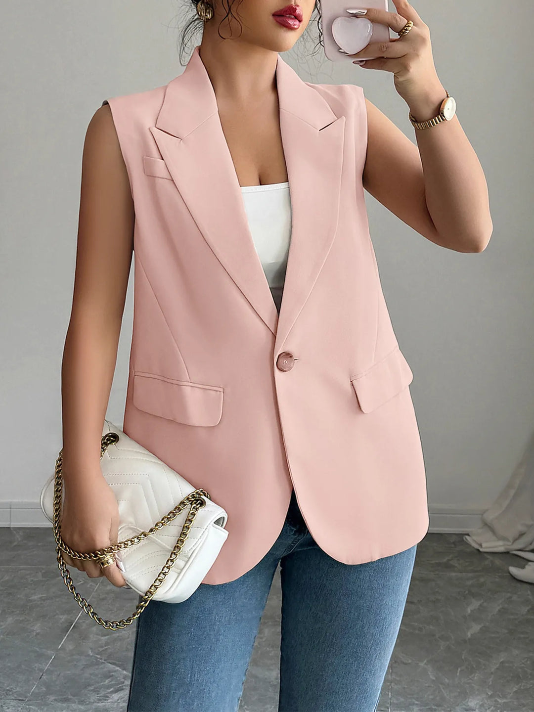 One Button V-Neck Blazer Vest Coat
