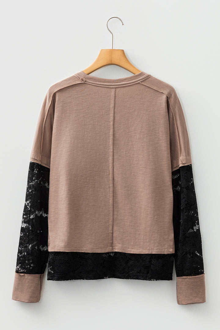 Light French Beige Sheer Lace Patchwork Casual Long Sleeve Tee