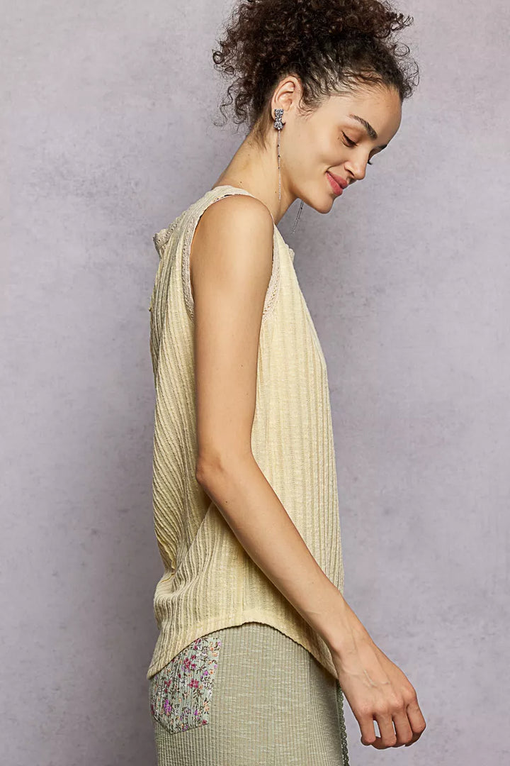 POL Ribbed Round Neck Tank with Lace Trim