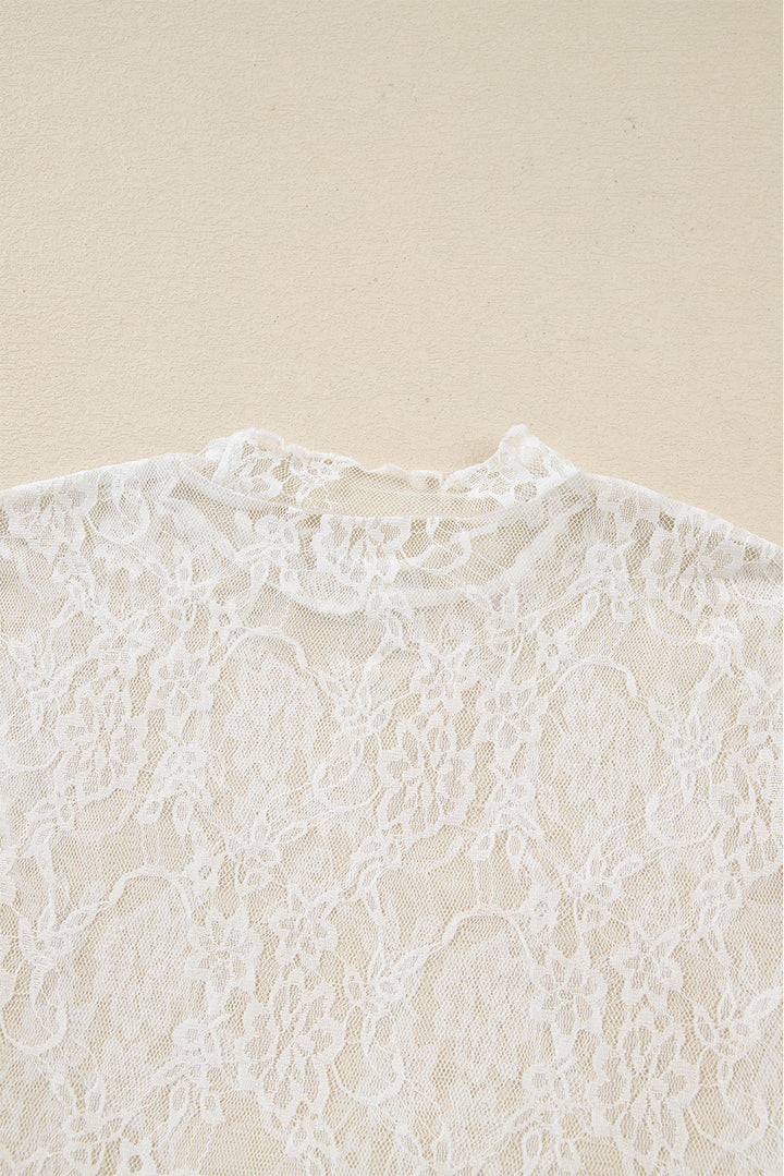 White Sheer Lace Mesh Mock Neck Slim Fit Long Sleeve Top