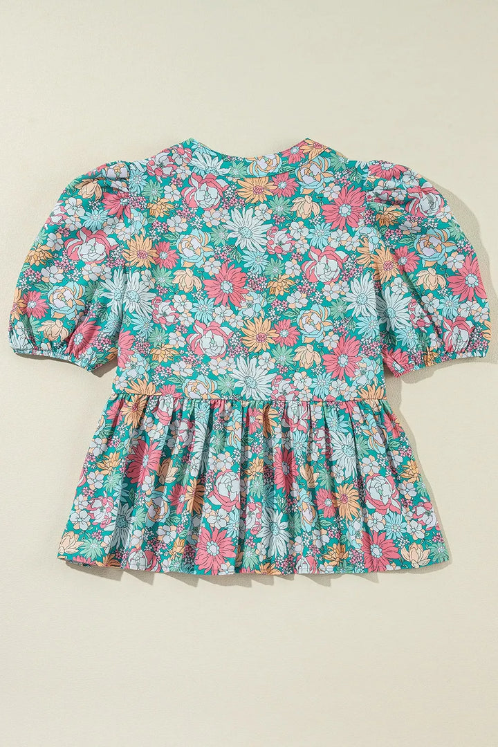 Multicolour Notched Neck Puff Short Sleeve Floral Blouse