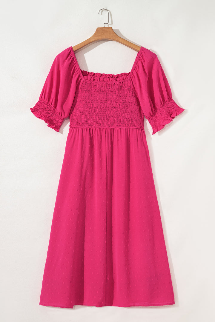 Sachet Pink Swiss Dot Smocked Frilled Neckline Short Sleeve Plus Size Dress