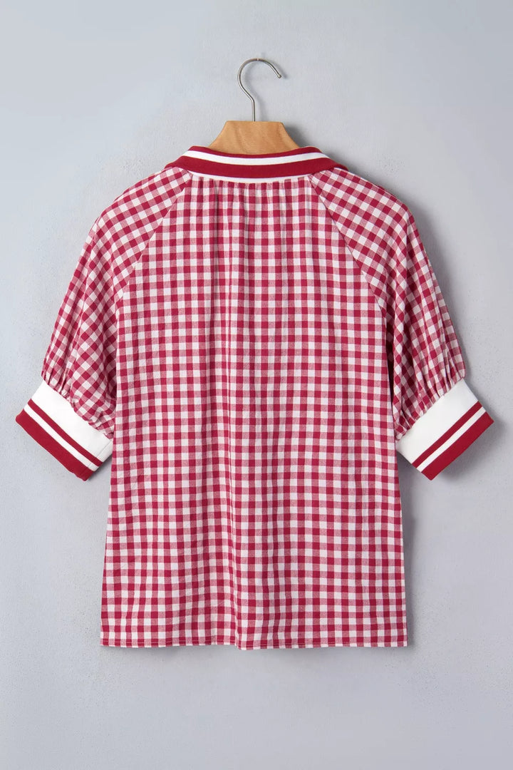 Gingham Puff Sleeve Quarter Zip Blouse
