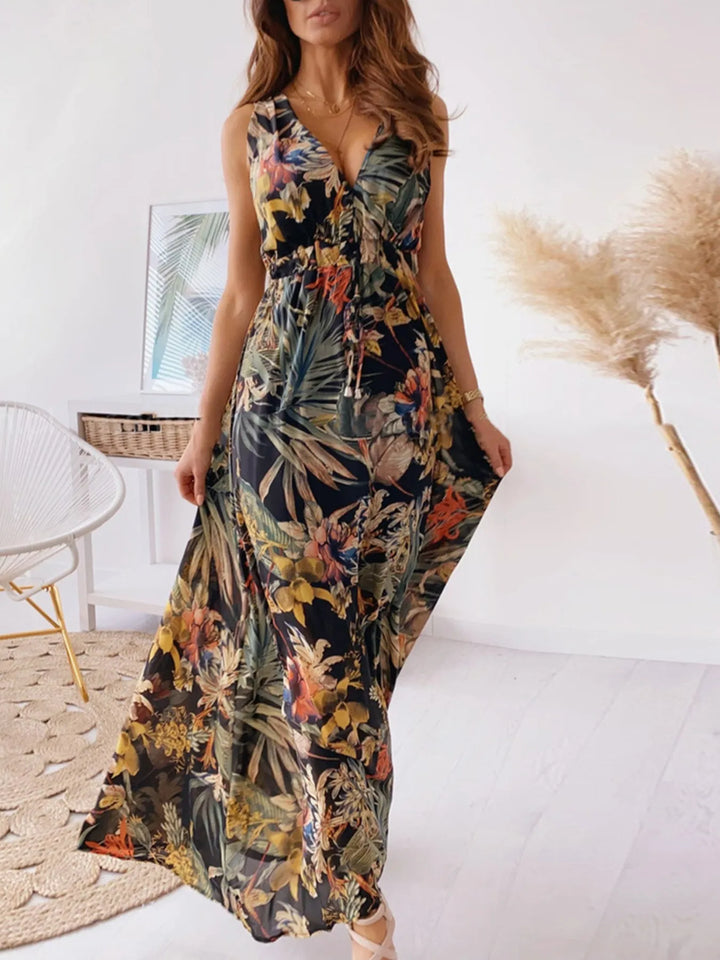 Leaf Print Sleeveless Maxi Dress