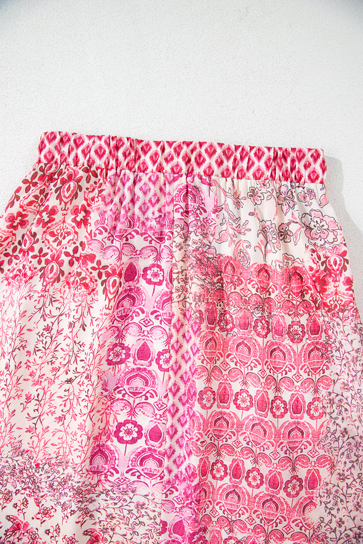 Red Boho Pattern Print Tassel Drawstring High Waist Maxi Dress
