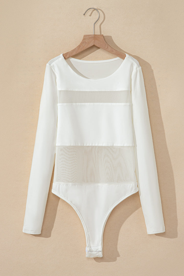 White Mesh Patchwork Long Sleeve Bodysuit