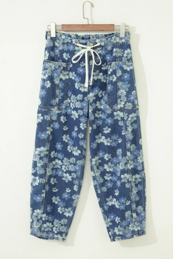 Dainty Floral Printed Drawstring Barrel Jeans