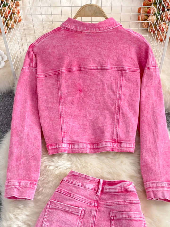Button Up Jacket and Slit Skirt Denim Set