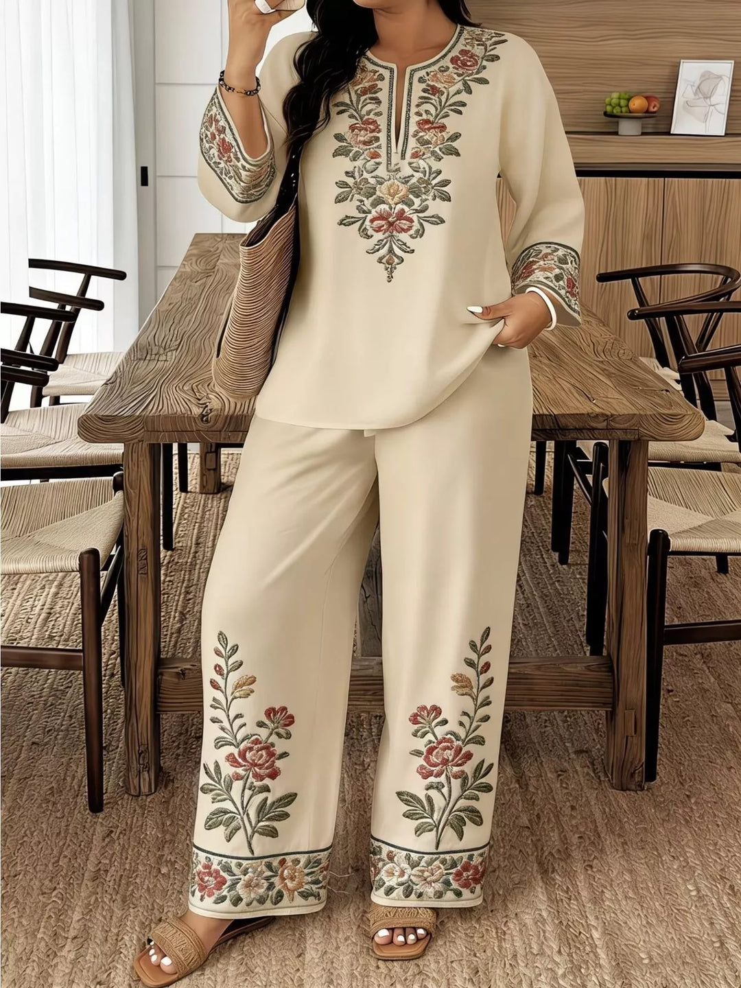 Full Size Embroidered Long Sleeve Top and Pants Set Plus Size