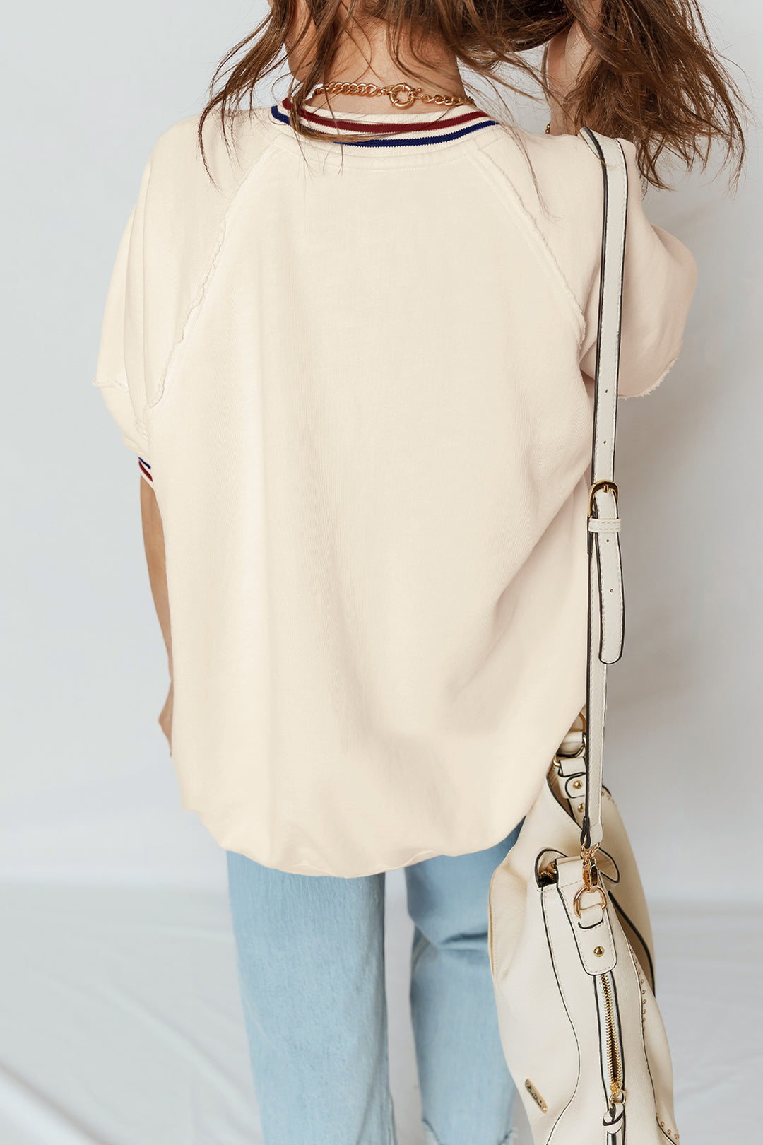 Beige Contrast Varsity Striped Neckline Cuffed Short Sleeve Loose Tunic Top