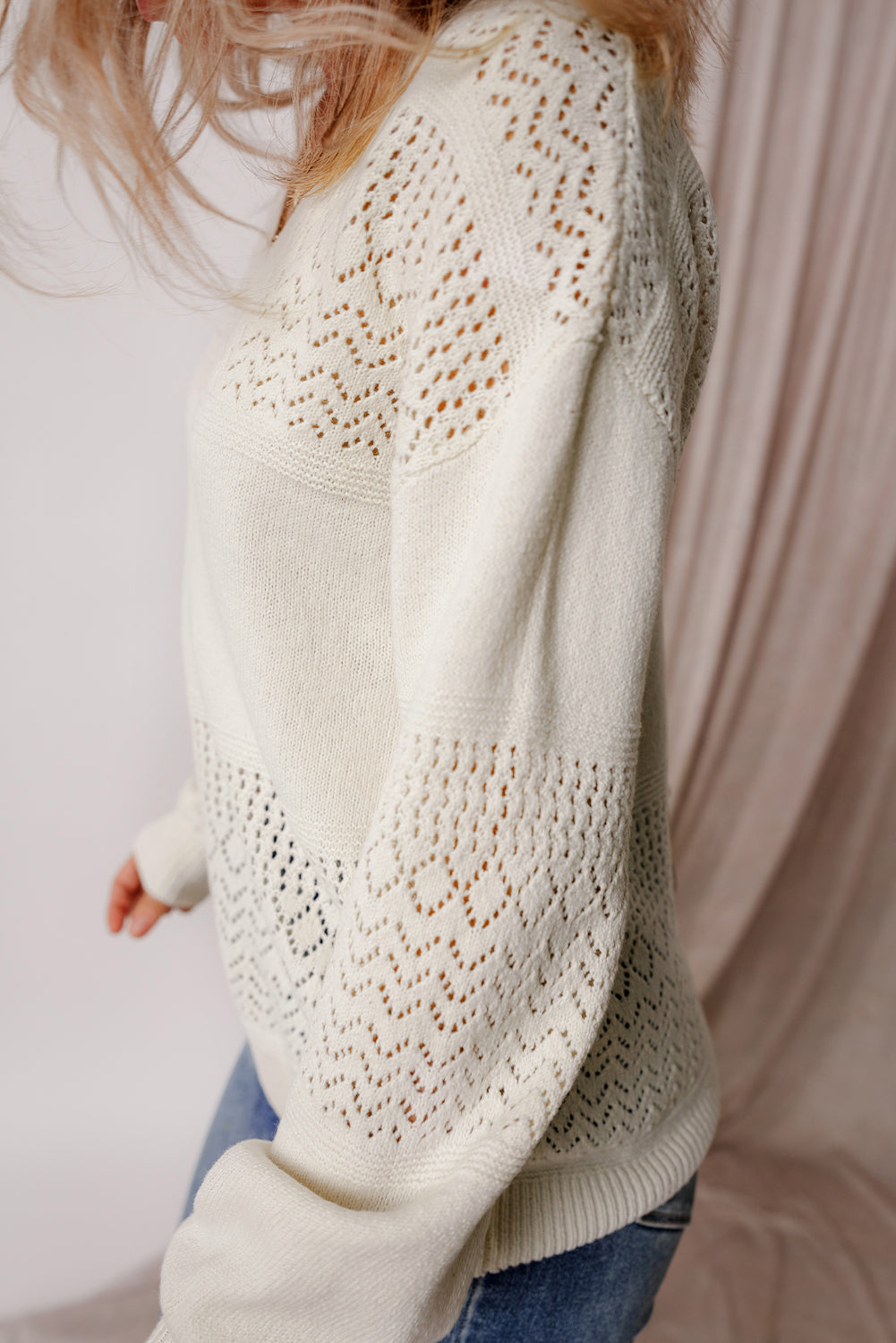 White Eyelet Pattern Detail V Neck Drop Shoulder Sweater