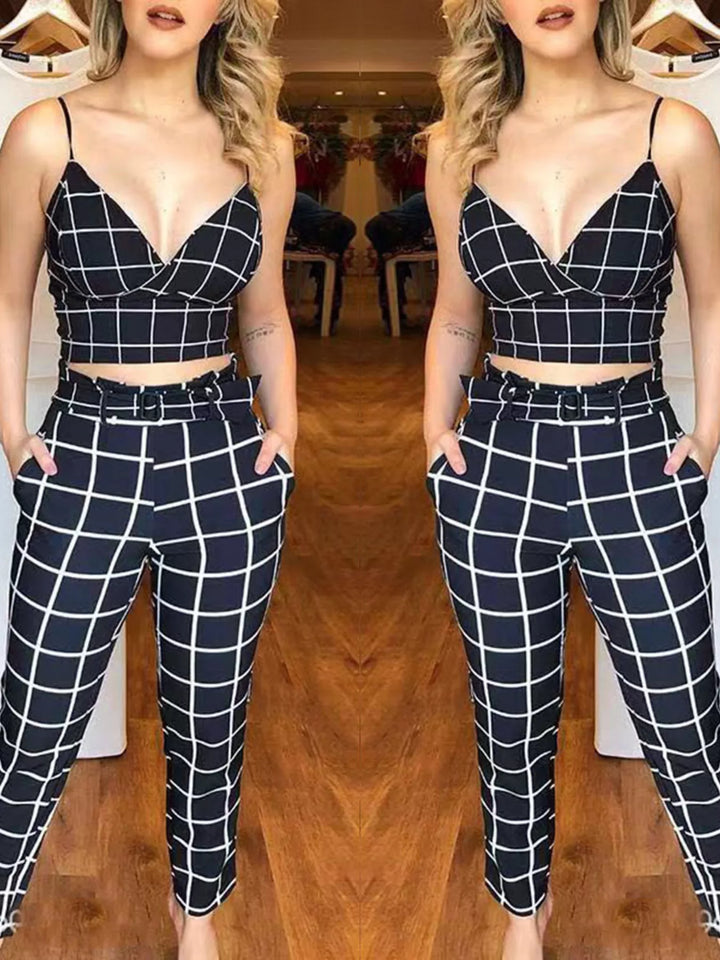 Grid Print Crop Top and Pants Set